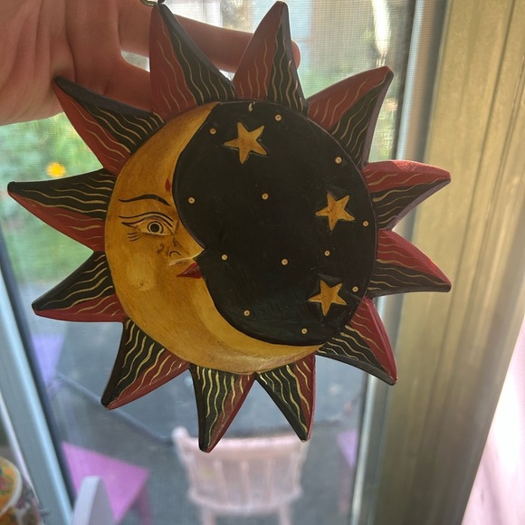 Vtg Wooden Hand Painted Sun Moon Face Hanging Ornament Christmas Indonesia 7” - Picture 4 of 16